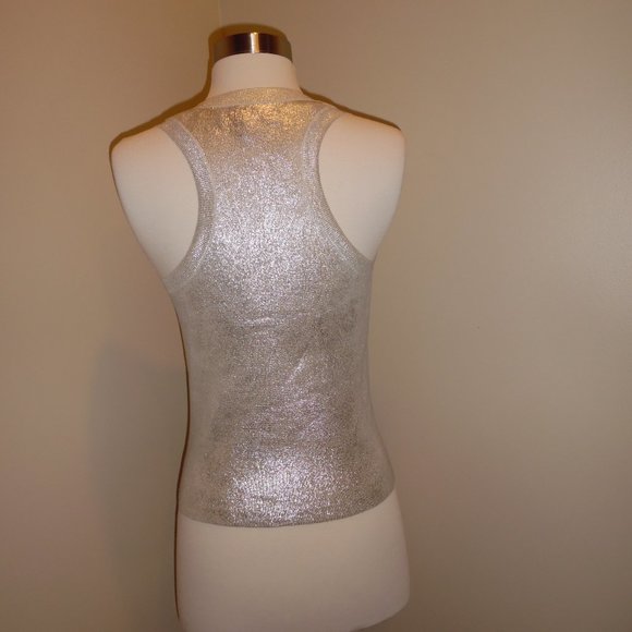 Robert Rodriguez Metallic Laminated Silver Ribbed Knit Coated Cocktail Tank Top - Picture 6 of 10